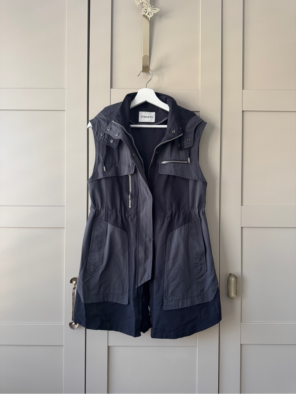 D’deMOO Long Black & Grey Sleeveless Utility Vest Jacket Lagen-look Autumn